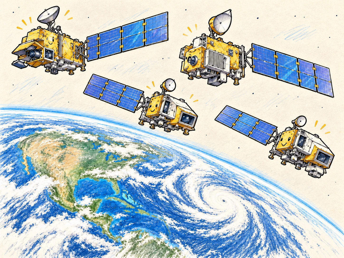 Caricature sketch of EOS/JPSS satellites over Earth