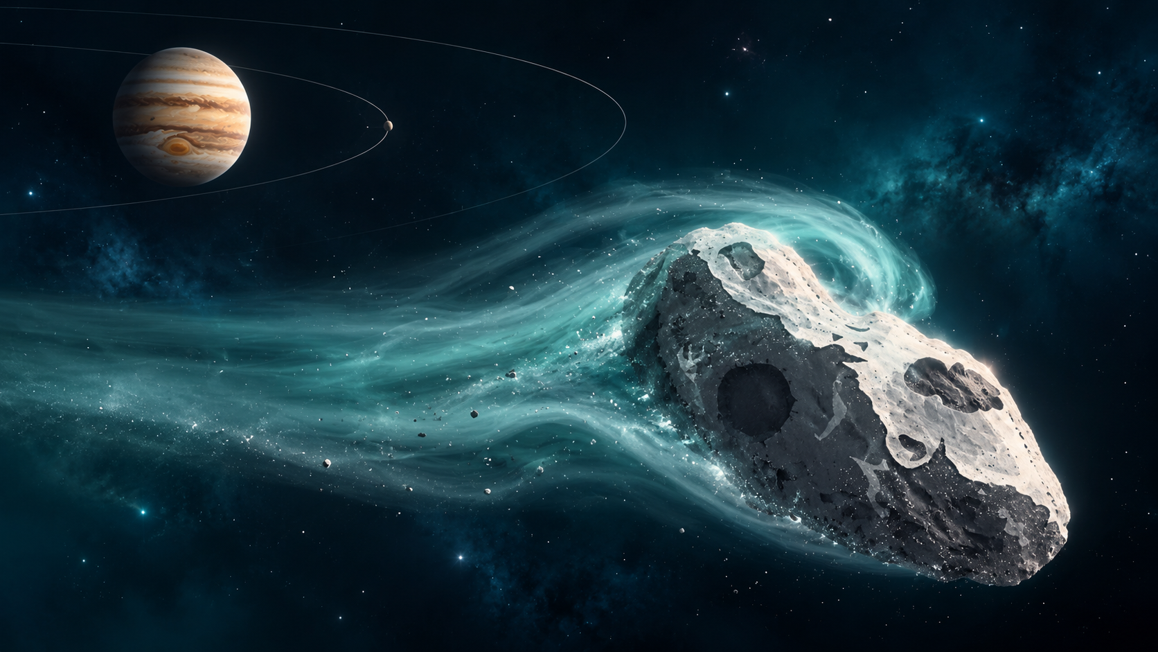 Illustrative scene of an active icy small body near Jupiter