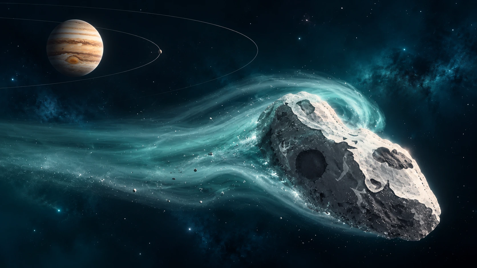 Illustrative scene of an active icy small body near Jupiter