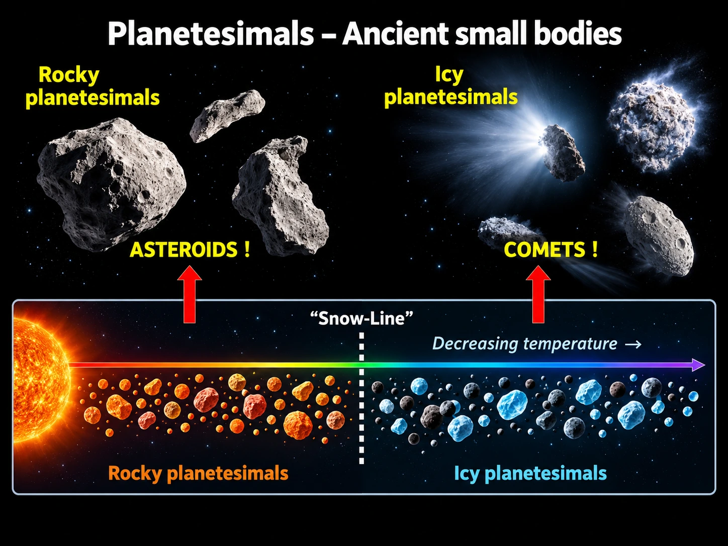 Planetesimal formation schematic showing rocky and icy populations separated by the snow line